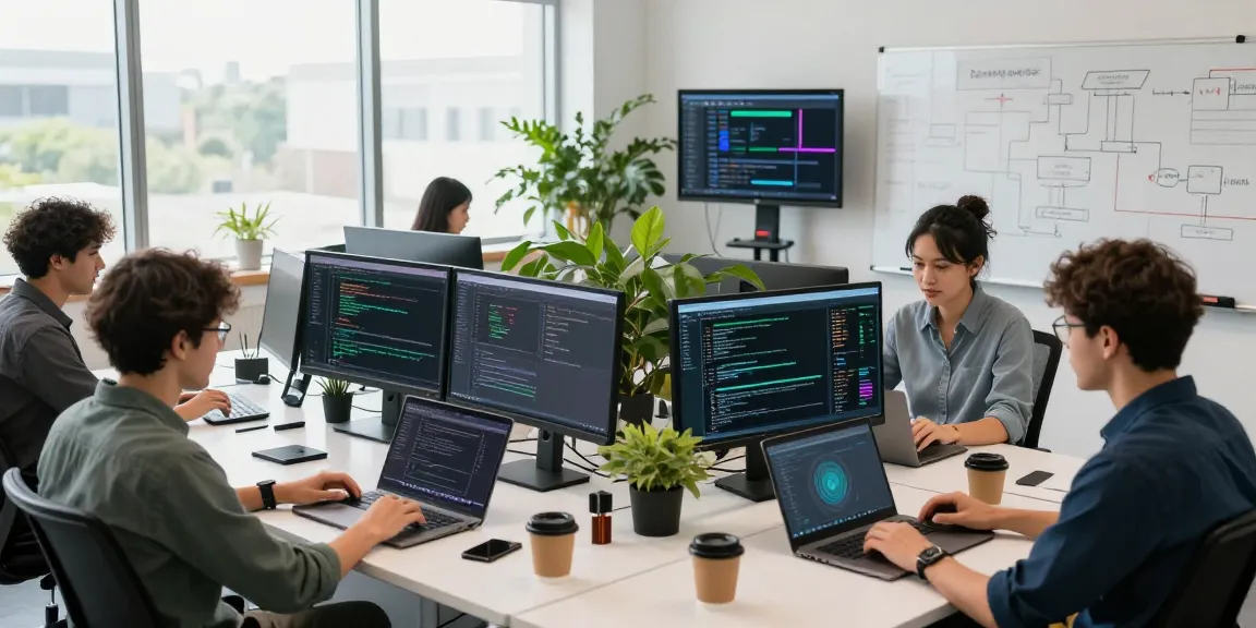 Engineers collaborating on waygrid API management in a vibrant workspace.