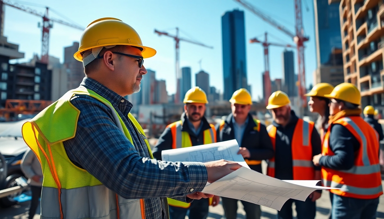 New York City Construction Manager overseeing a dynamic construction site with plans in hand.