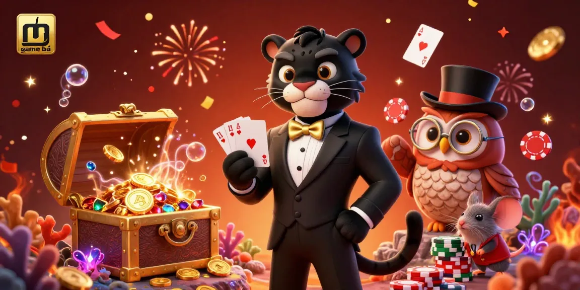 Engage with game bài: a 3D panther dealer, owl with poker chips, and lucky mouse in a vibrant casino scene.