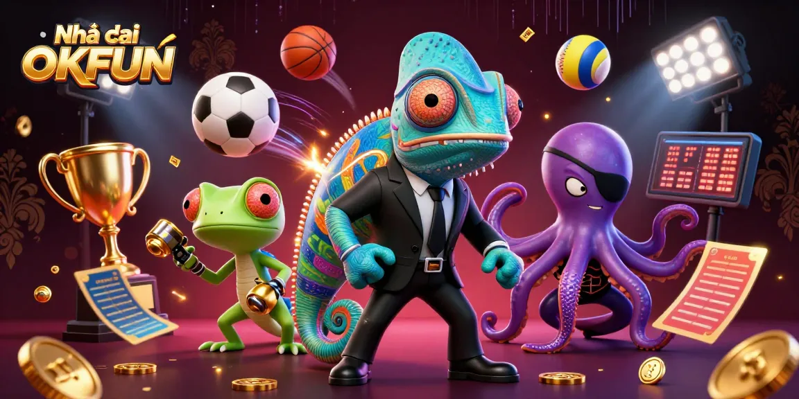 Experience the thrills at Nhà cái OKFUN with vibrant sports elements and 3D characters in a vibrant casino atmosphere.