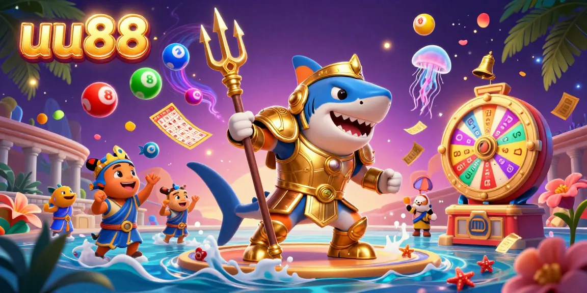 uu88 offers thrilling underwater gaming action with a cartoon tiger shark, vibrant lottery elements, and a lively atmosphere.