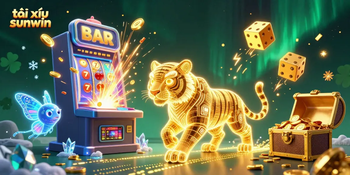 Tài xỉu sunwin illustration showcasing a golden tiger in a vibrant digital casino setting