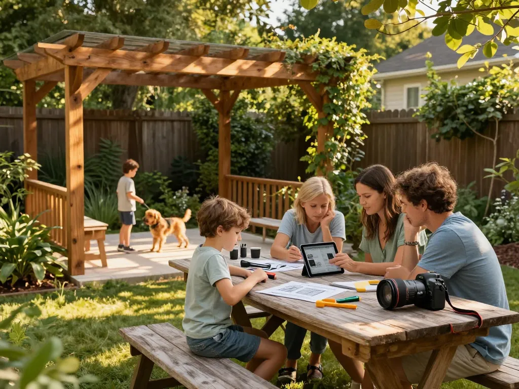 Custom pergola configurator in action as a family designs their ideal pergola in their backyard.