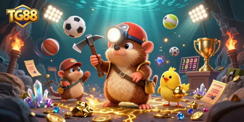 Experience sports betting thrills with TG88 through vibrant 3D illustration showcasing action-packed elements.