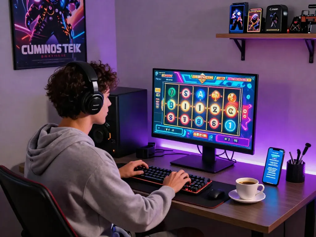 Koitoto online gaming experience with a player engaged at a colorful slot machine interface, showcasing gaming peripherals.