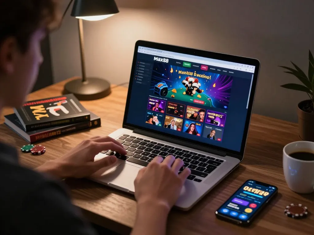 Engaged player accessing max88 casino through laptop in a cozy gaming space.