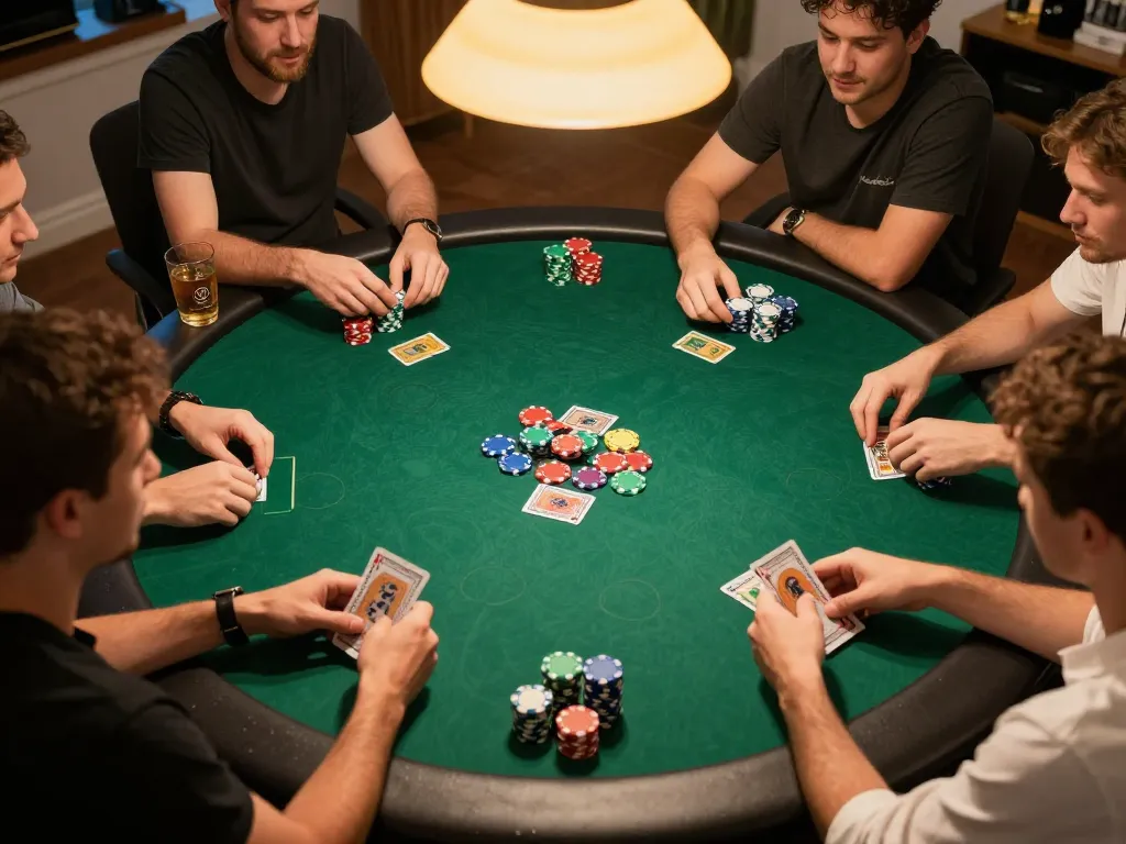 Players engaged in an exciting home poker night featuring DA88 gameplay strategies, chips stacked high amidst laughter and competition.