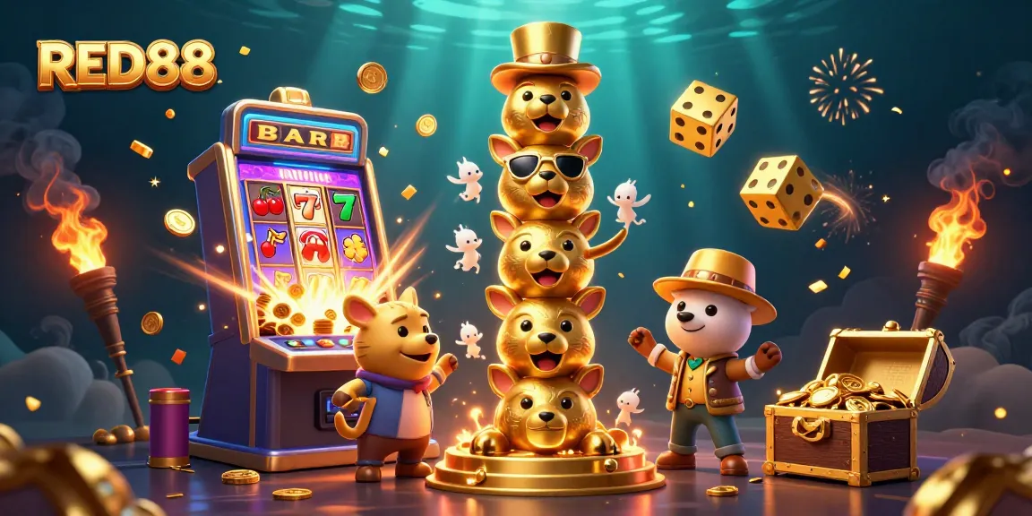 Engage with the vibrant RED88 casino scene, featuring dynamic slot machines and festive elements.