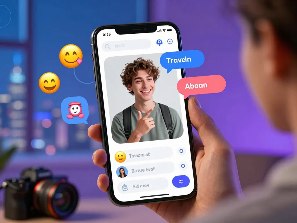 Engaging spicychat AI character interacting with a happy user on a vibrant mobile app interface.
