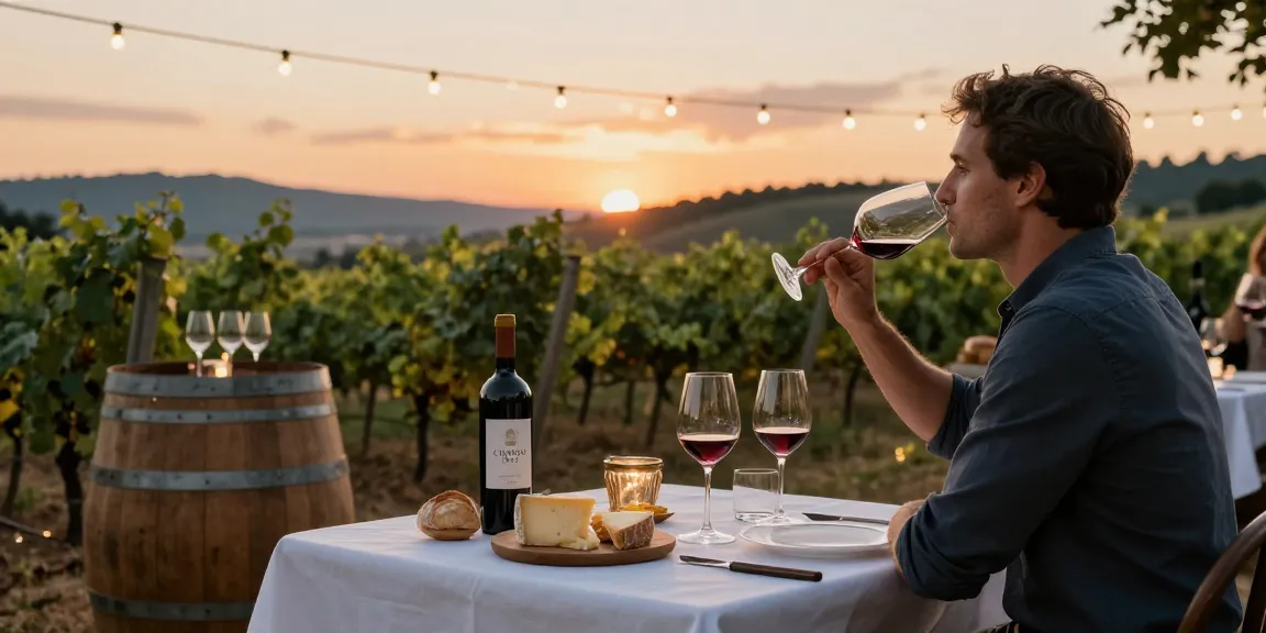 Chatoo 1942 wine tasting experience in a golden vineyard sunset