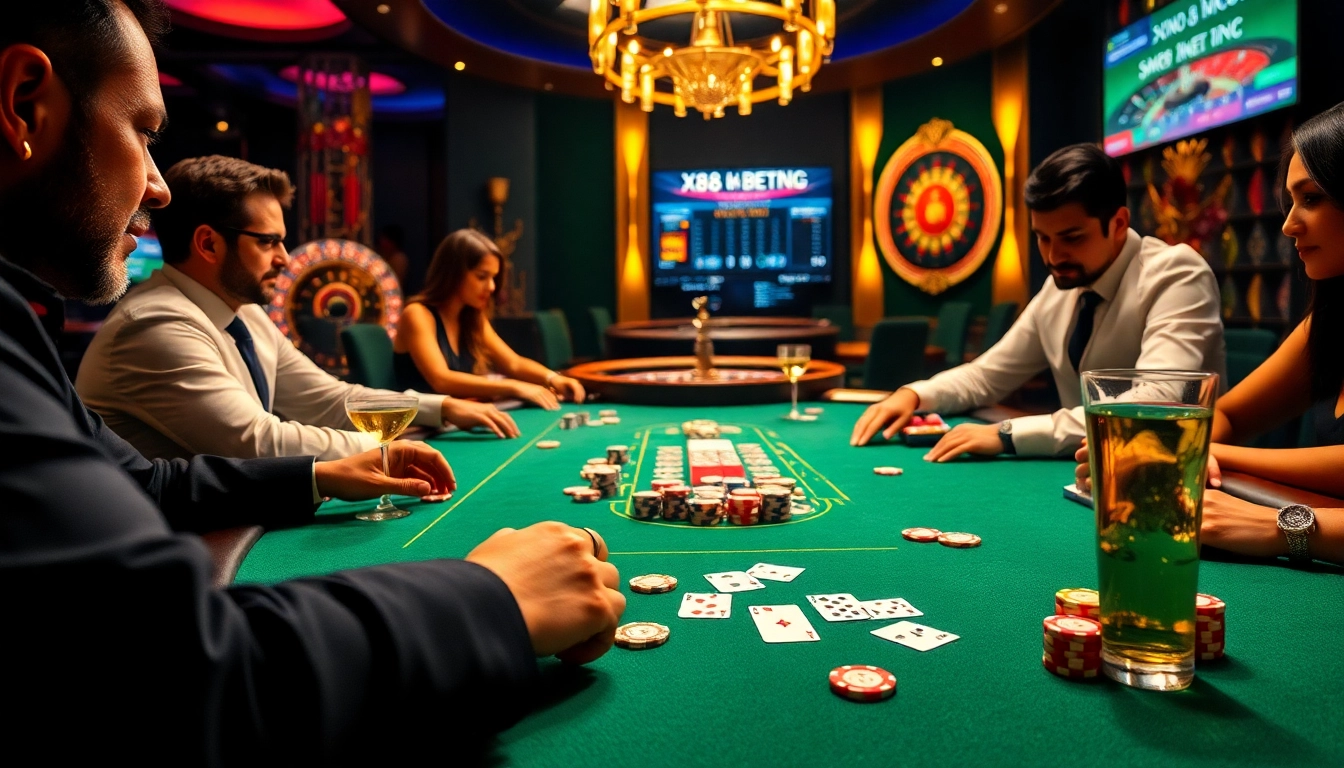 Players strategizing at the XX88 poker table, showcasing an exciting gambling atmosphere.