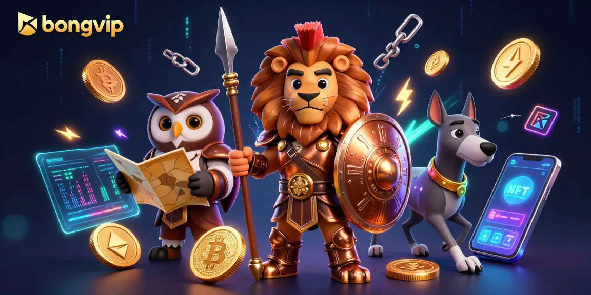 Bongvip showcases a captivating 3D illustration featuring a bronze armored lion, strategic owl, and greyhound, surrounded by cryptocurrency elements, illustrating dynamic online gambling.