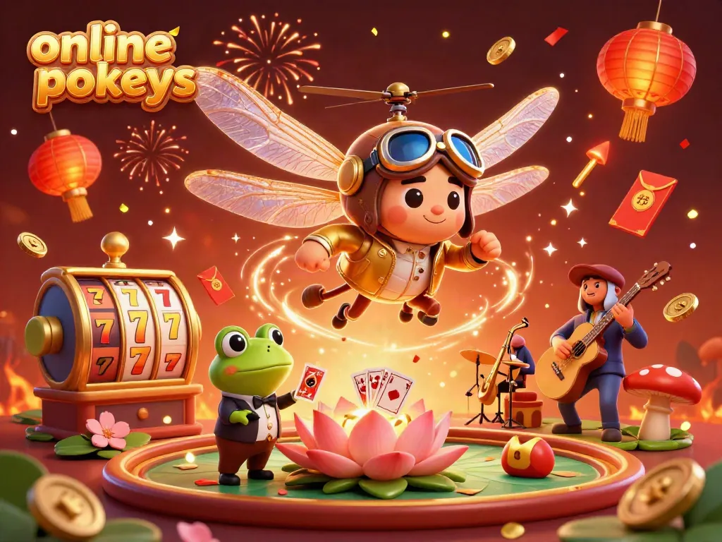 Experience fun with online pokies in a vibrant 3D casino scene featuring unique characters and festive elements.
