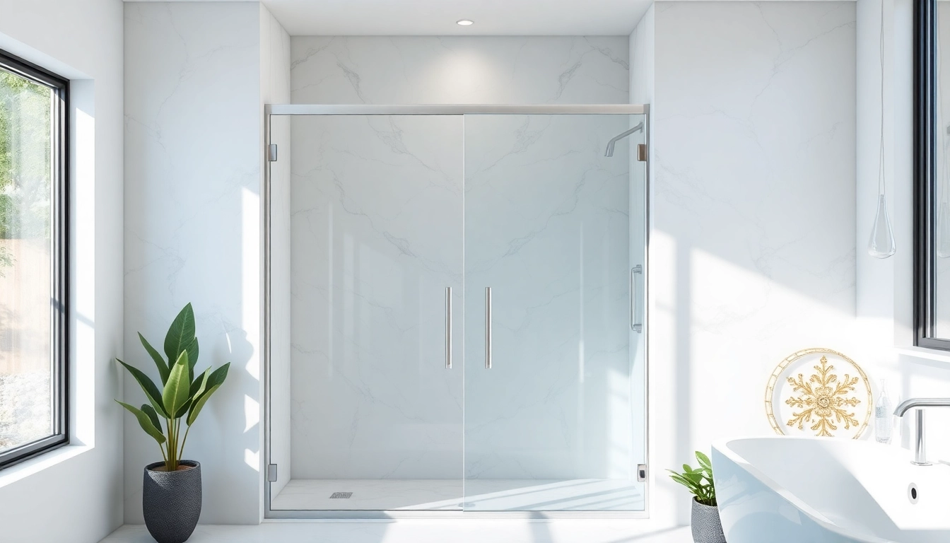 Sliding shower doors enhancing a modern bathroom with elegant marble decor and natural lighting.