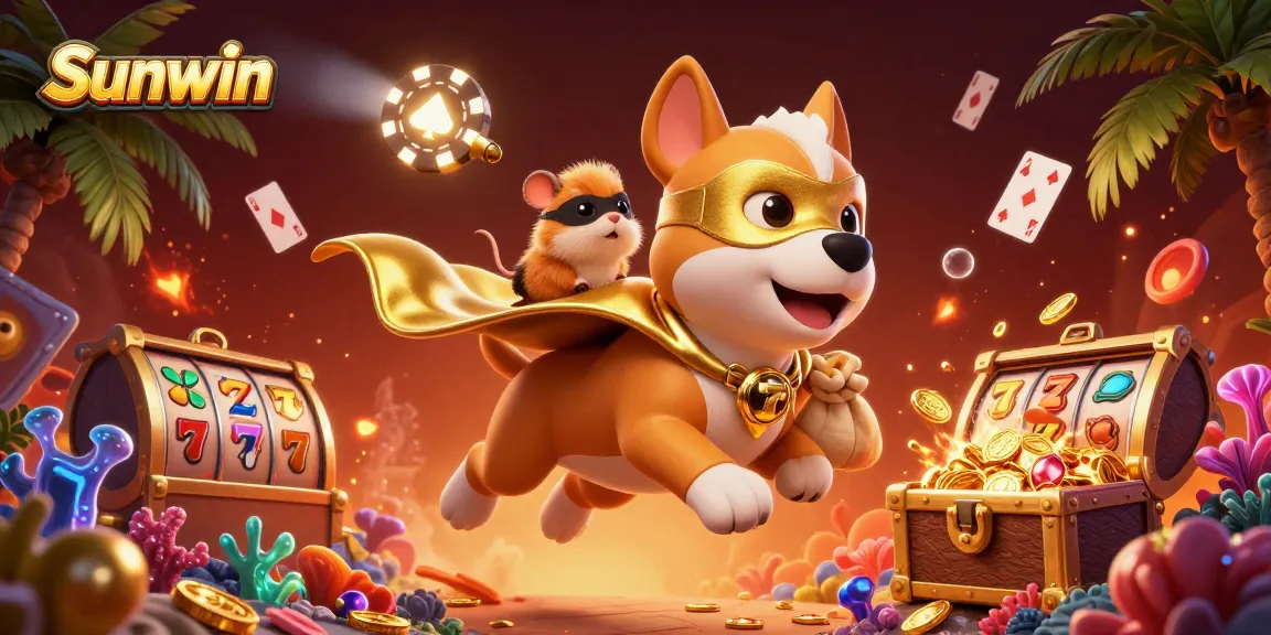 Sunwin showcases a superhero dog and hamster amidst dynamic casino elements for an exciting gambling experience.