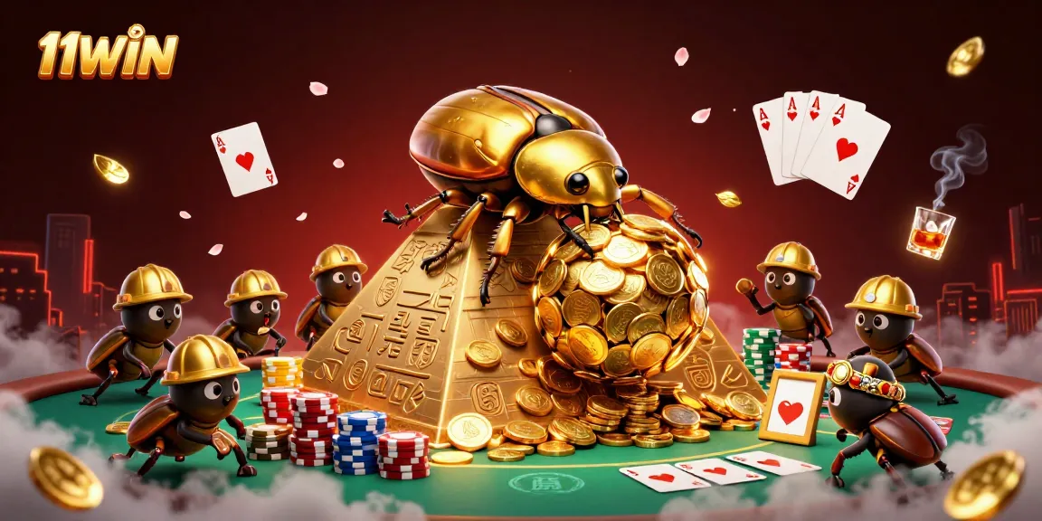 Experience 11WIN's vibrant casino scene filled with golden coins, poker elements, and animated characters.