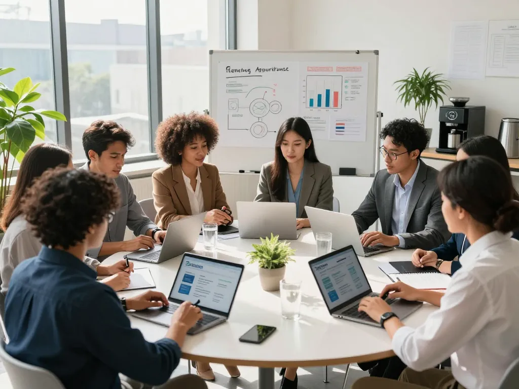 Team of staffing professionals collaborating in a bright corporate office, showcasing effective staffing agencies strategies.
