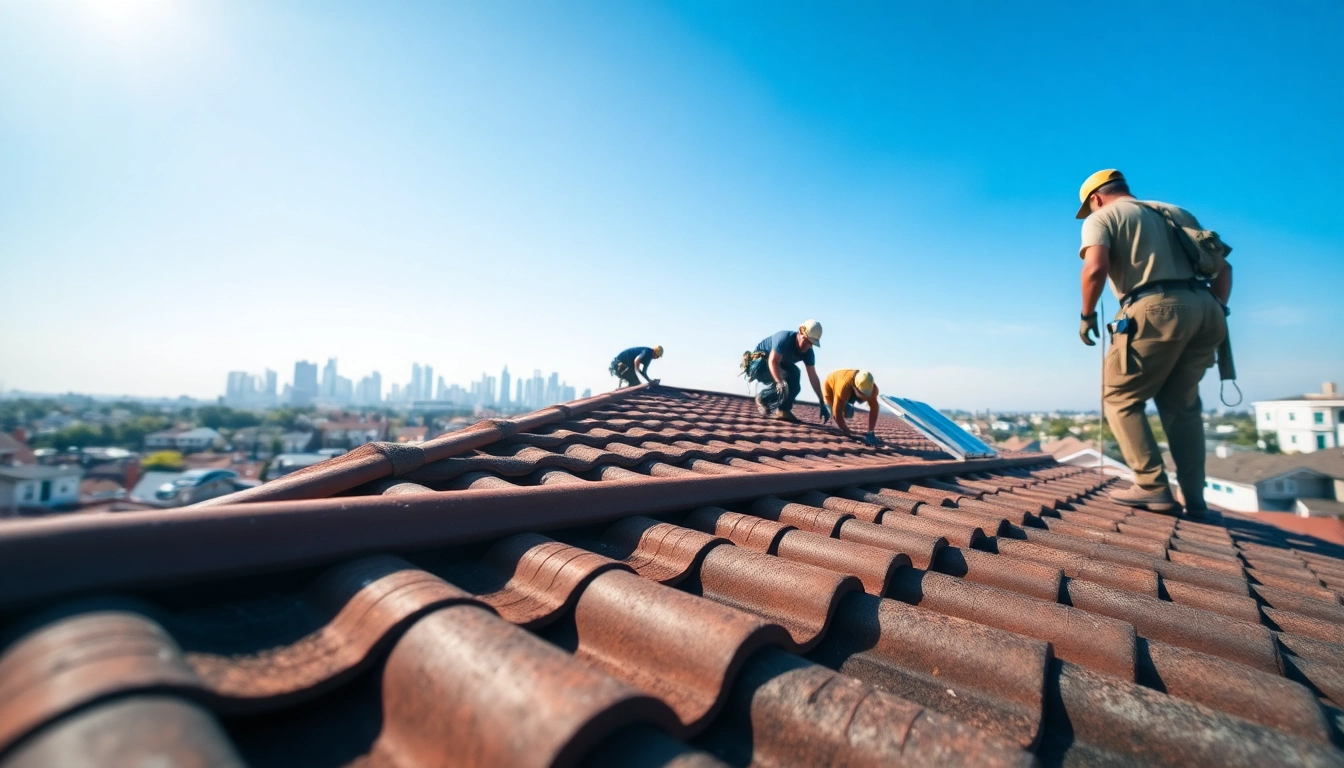 Skilled roofing team working in South Jersey under bright sunlight on a residential building.