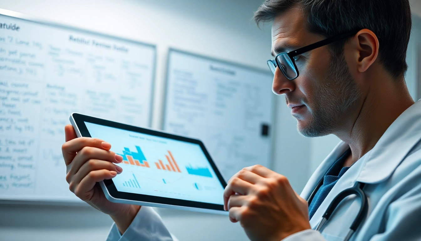 Healthcare professional analyzing Retatrutide data on a tablet in a clinical setting.