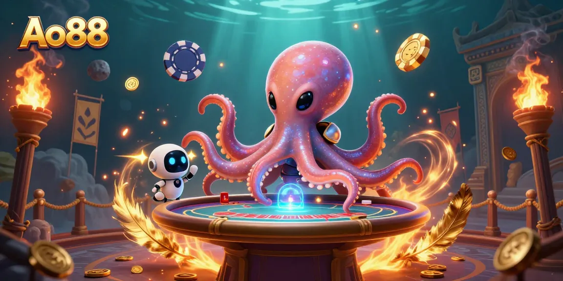Engage with Ao88's thrilling gameplay as the alien octopus masterfully deals cards at a holographic poker table.