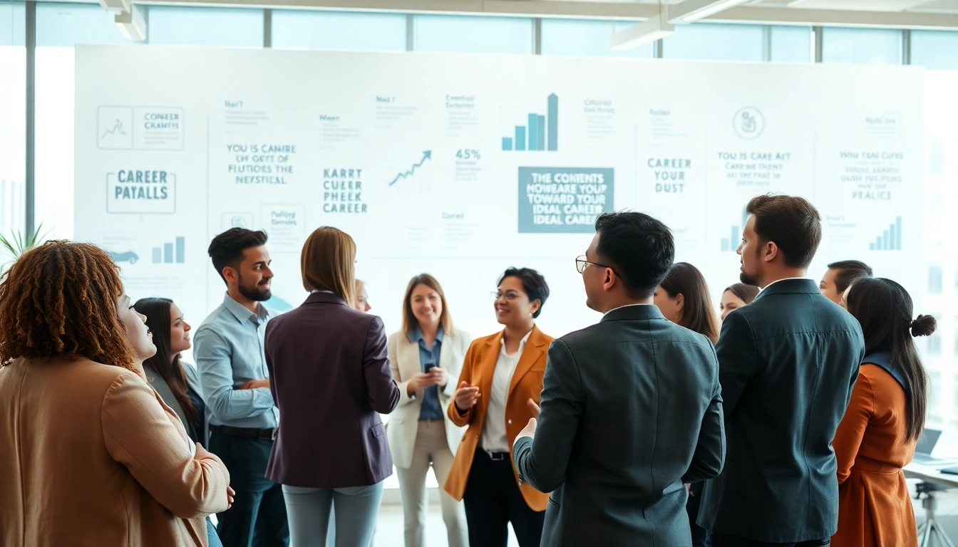 Individuals collaborating in a bright office about their ideal career paths.