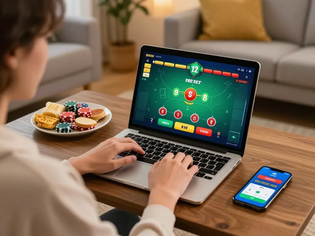 Online player engaging in blackjack on a laptop at home, showcasing go8 betting strategies and gaming excitement