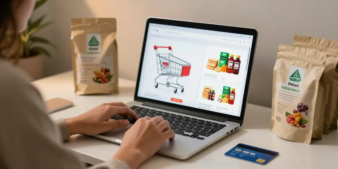 Shopping for the best deals at a Halal Online supermarket, showcasing top products and exclusive offers in a vibrant e-commerce platform.