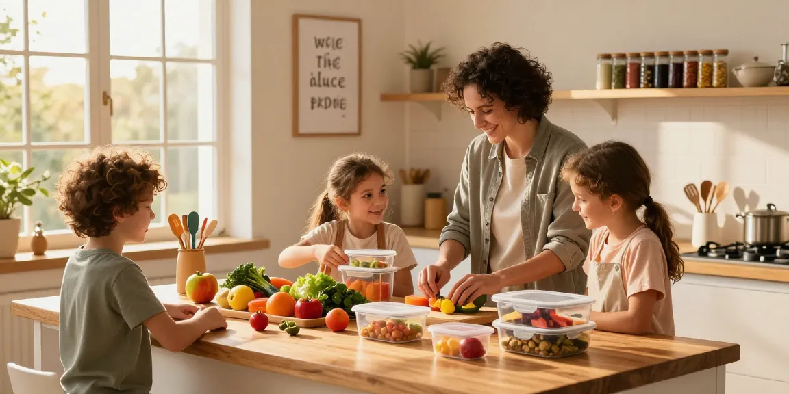 A family preparing meals in a warm kitchen with airtight food storage containers to organize fresh ingredients.