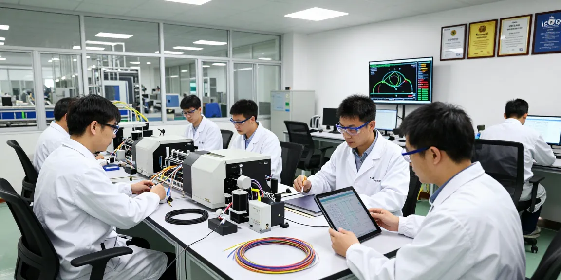 Engineers at a fiber optic distributor testing cables in a modern facility