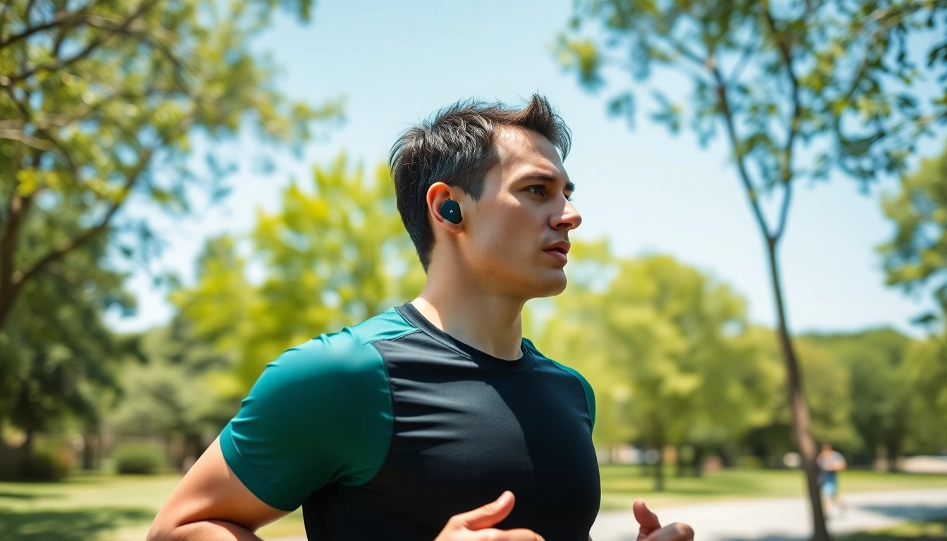 Fit athlete enjoying music with F1 Bone Conduction Headphones in a vibrant outdoor setting.