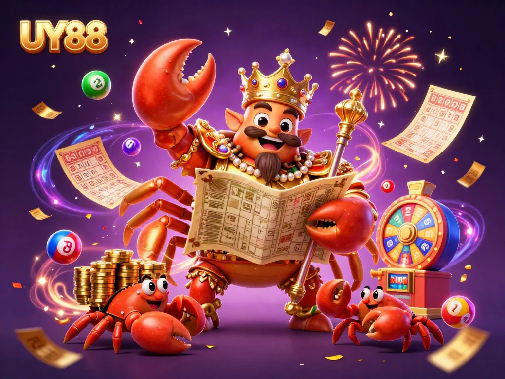 Experience the excitement of UY88 casino with a vibrant 3D illustration featuring a golden crab emperor and dynamic game elements.