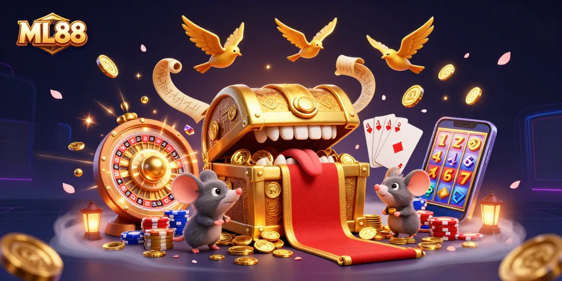 ML88 captures the excitement of online casino games with vibrant gold, animated treasures, and rich graphics.