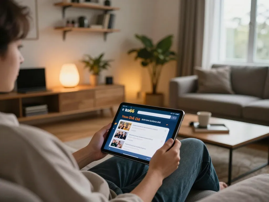 The user engages with Nhà cái ko66 on a tablet in a cozy living room, enjoying online gambling responsibly.