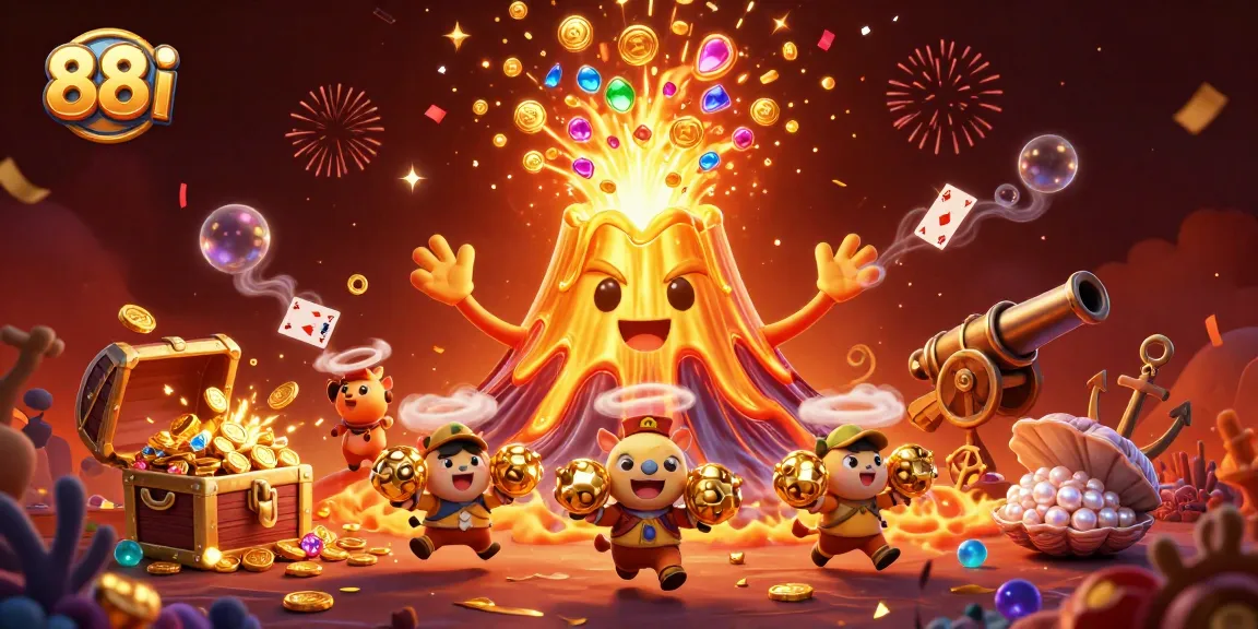 Experience the excitement of 88i Casino with a thrilling 3D adventure showcasing treasure-filled volcanoes and playful animals.
