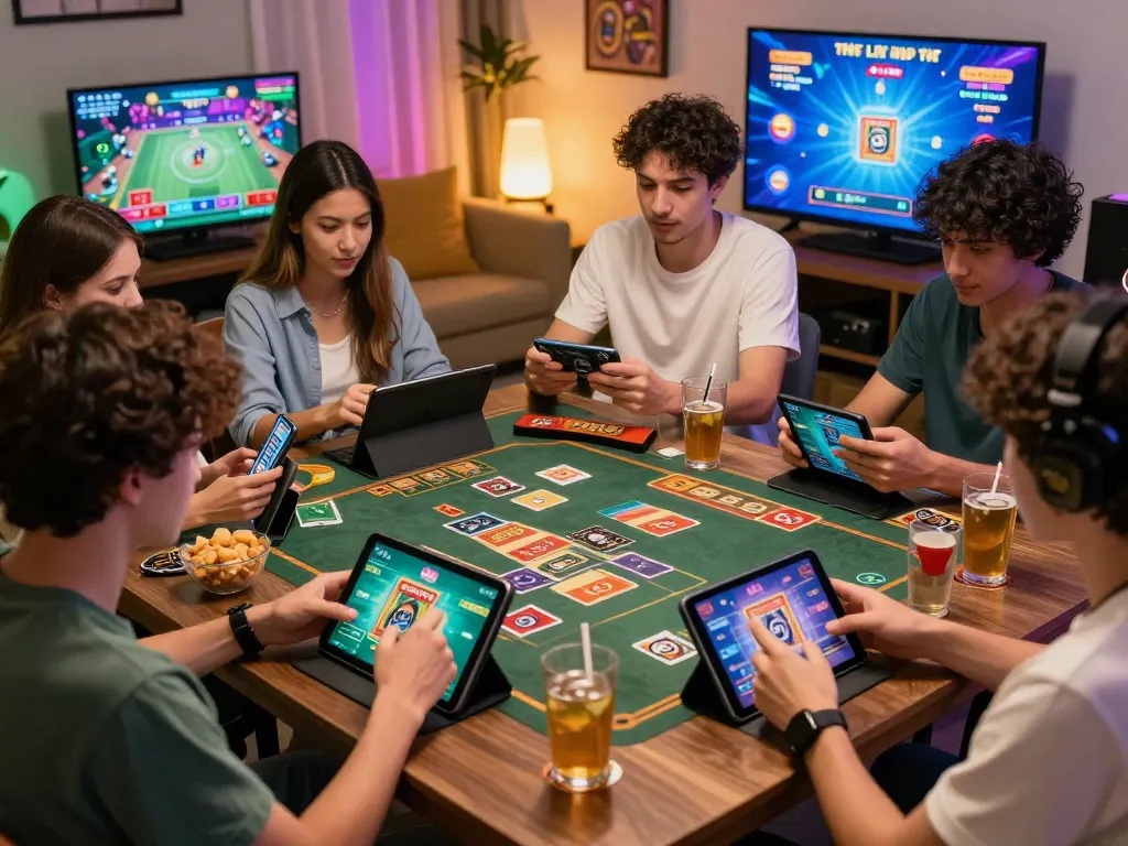 Players enjoying rikvip online card games in a lively home setting.