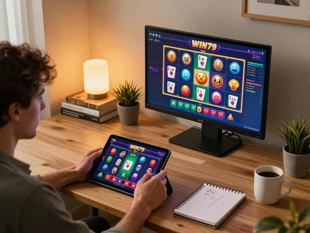 Player engaging in online gaming on WIN79 with tablet at home office, demonstrating responsible gambling.