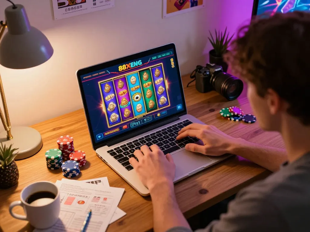 Engaged player enjoying 88xeng online casino gaming on laptop at home, showcasing a vibrant slot interface.