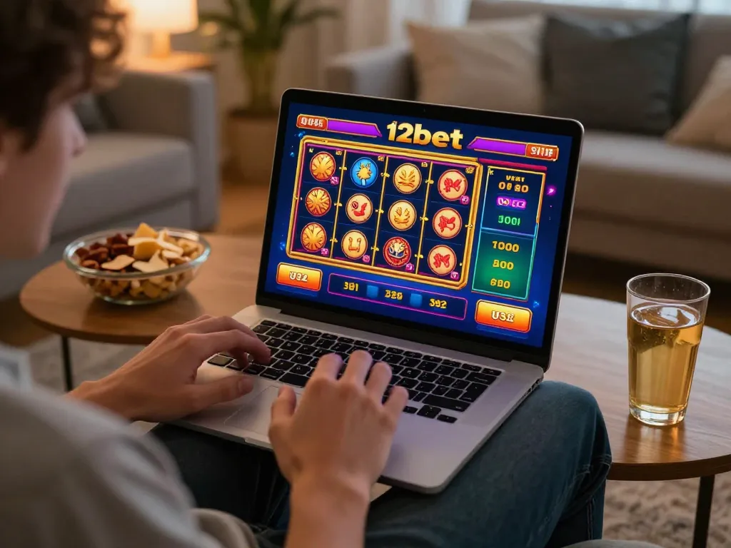 Người chơi tận hưởng trò chơi sòng bạc trực tuyến 12bet trên laptop trong không gian gia đình thoải mái.