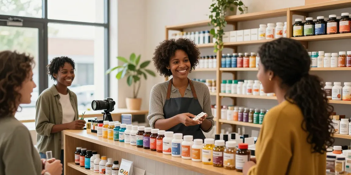 Browse diazepam pills and wellness products in a vibrant shop environment.