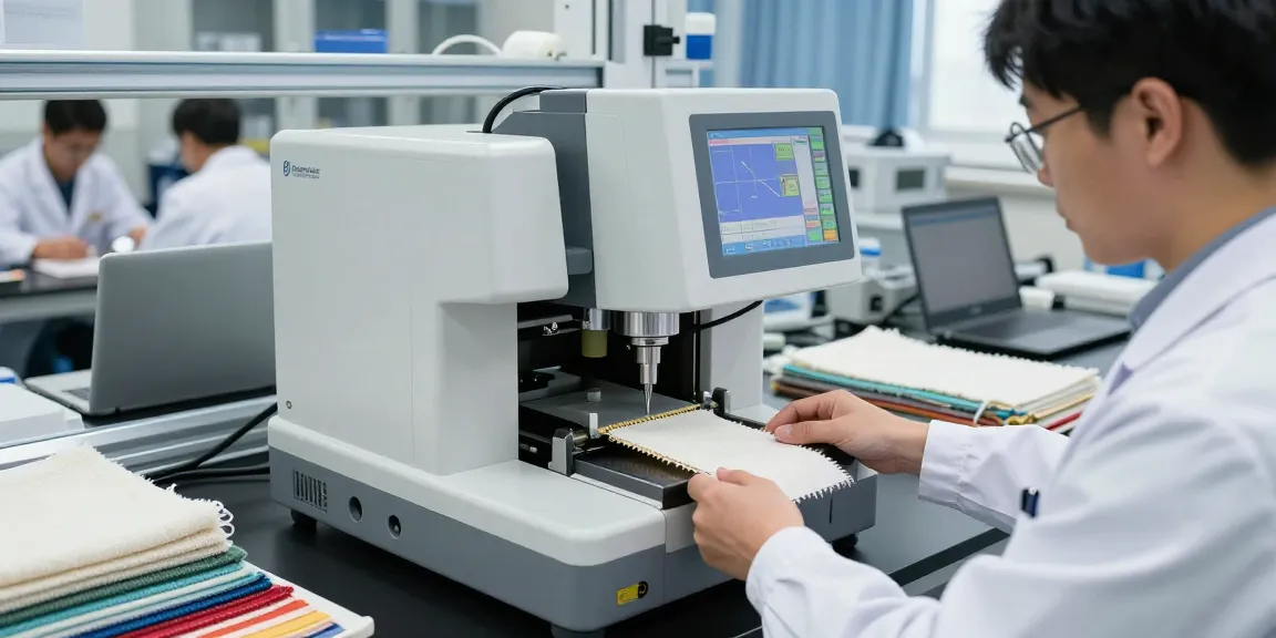 Expert using elmendorf tearing strength tester in textile lab showcasing precision and quality control.