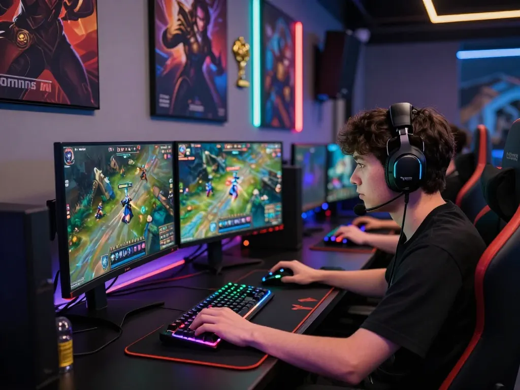 Focus on a player using the lol account value calculator during a competitive League of Legends match, with gaming gear and vibrant RGB lighting.