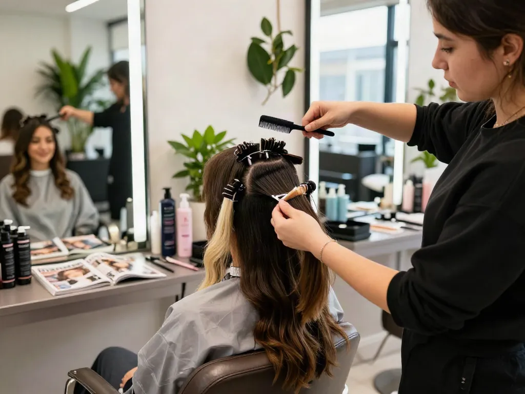 Seamless clip in extensions being applied in a modern salon setting showcasing beauty transformation.