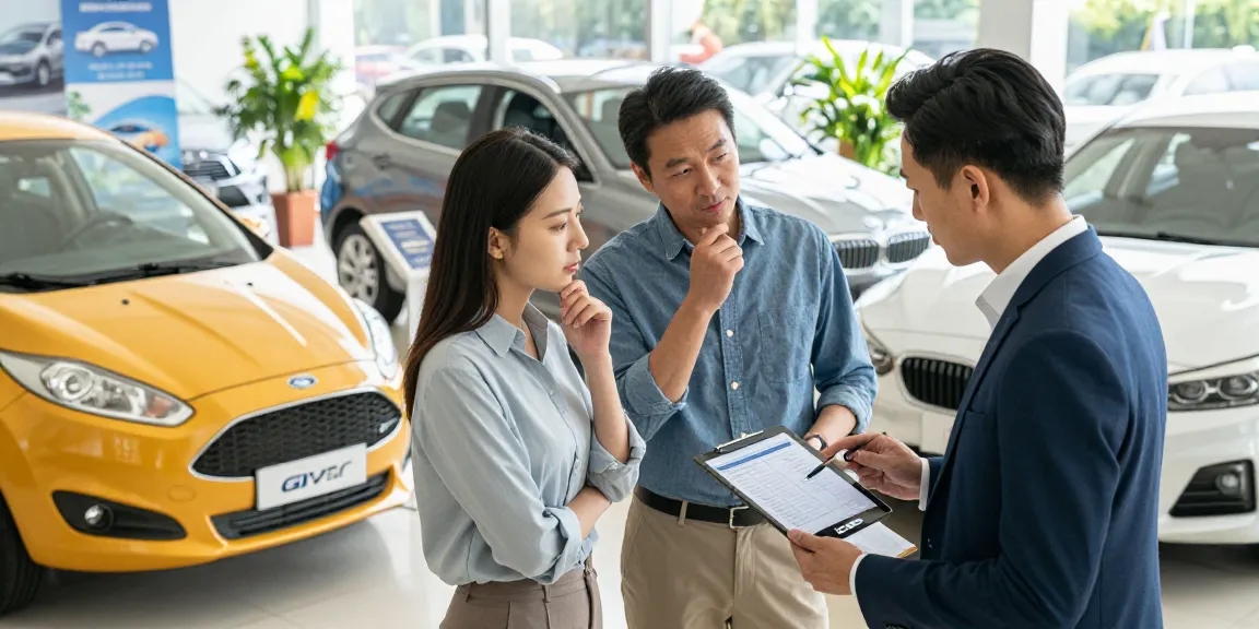 Car check UK scene showing buyers reviewing vehicle history reports at a dealership.
