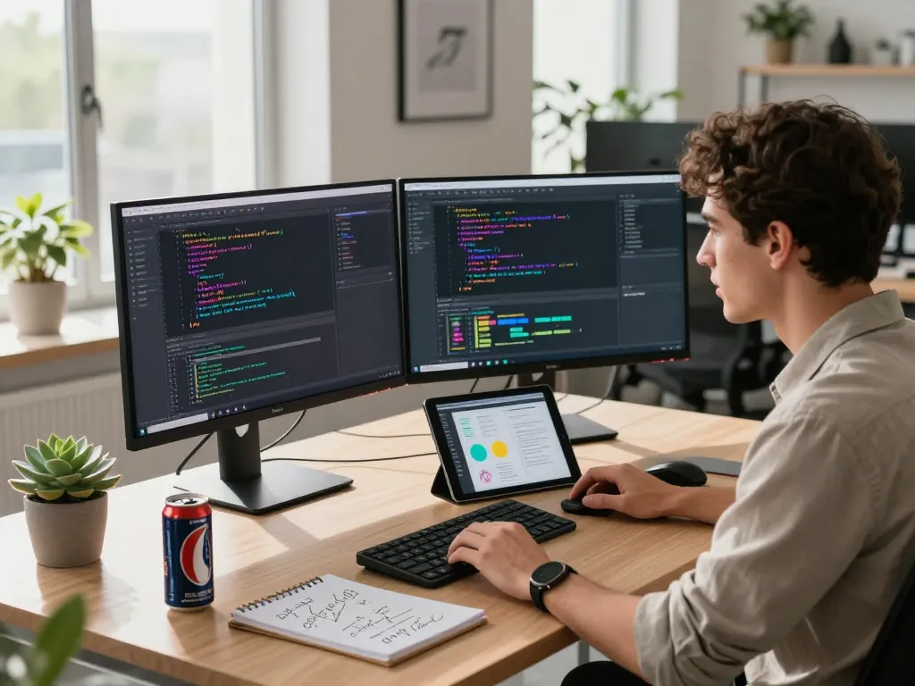 Developer coding with WPS software in a modern office workspace, showcasing productivity.