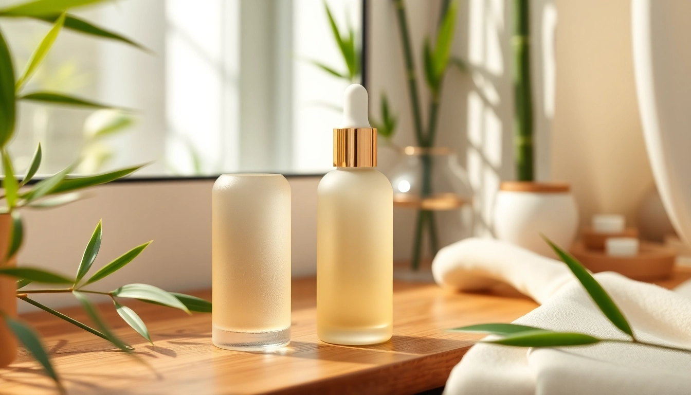 Bakuchiol serum bottle on a wooden vanity surrounded by greenery, showcasing organic skincare.