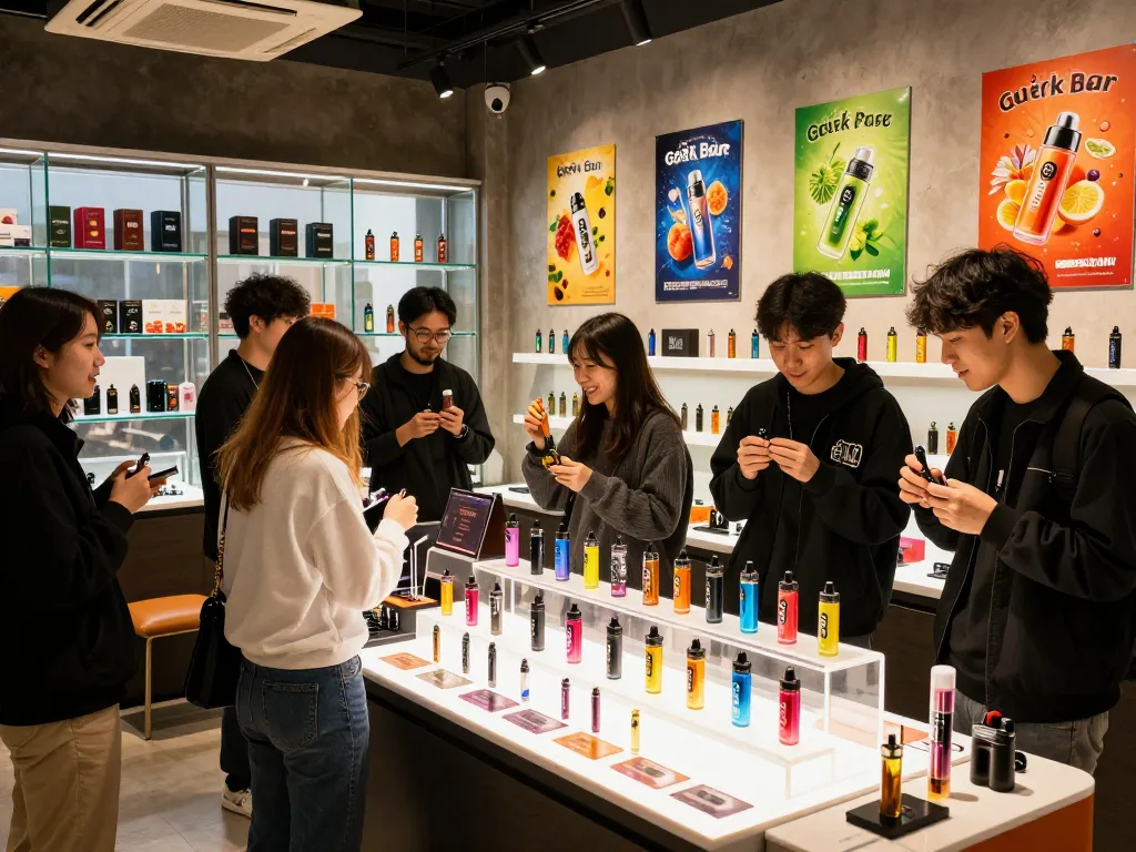 seoul vape shop showcasing modern vapes and happy customers browsing products
