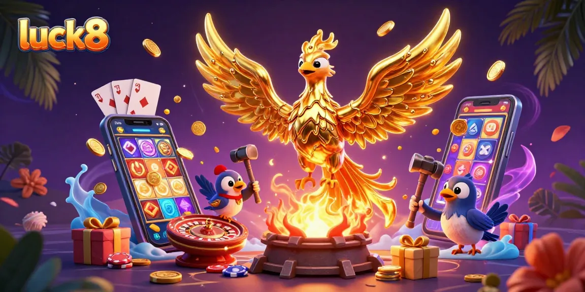 Experience thrilling wins with luck8 as the golden phoenix emerges amidst casino elements in a vibrant scene.
