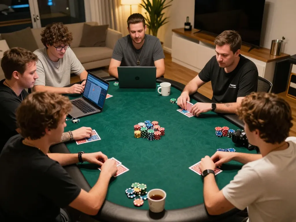 Players engaging in online poker at home featuring RR88, showcasing strategic gameplay and cozy atmosphere
