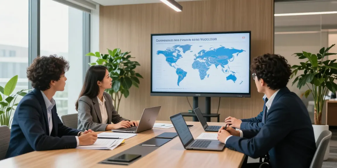 Team discussing worldwide commercial project financing strategies in a modern office.