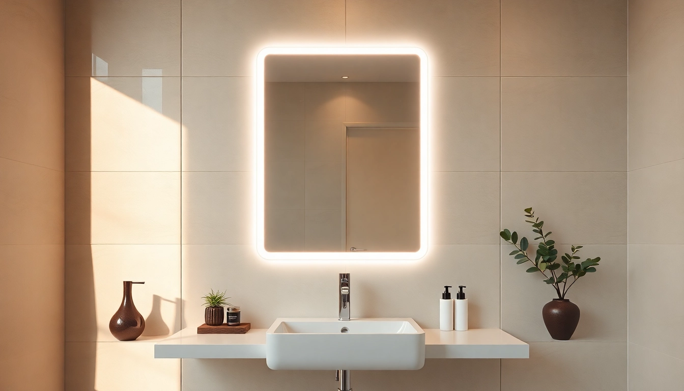 Admiring the elegant led mirror illuminating a stylish bathroom with modern décor.